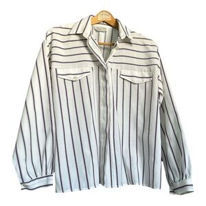 Vintage Sears Tradition White and Purple Striped Button Up, Size M